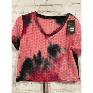 Yitong Womens L/XL Tie Dye Athletic Crop Top Pink Textured Moisture Wicking NWT